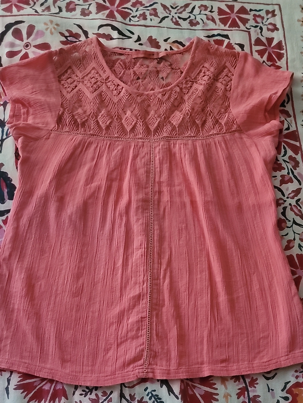 NWOT prAna Womens Boho Cottagecore Geometric Lace Panel Blouse in Coral